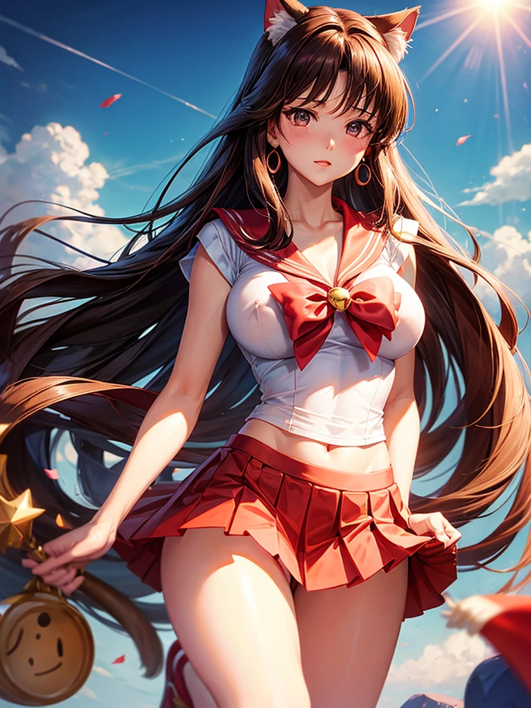 (Highest quality)、Sailor mars、Big Breasts、no good、Nipples are visible、Mini Pleated Skirt、Blonde long straight hair、Glossy hair, brown hair, long hair, cat ears