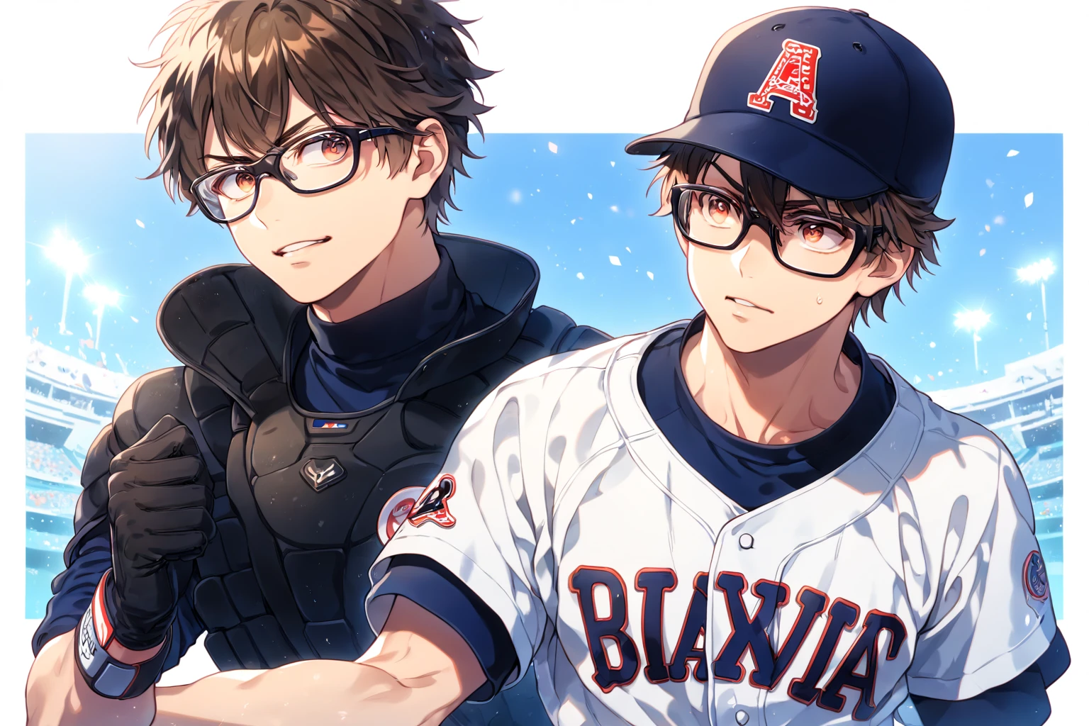 absurdres, highres, ultra detailed, HDR, master piece, Miyuki Kazuya, brown hair, expressive amber eyes, black glasses, white baseball uniform, Diamond No Ace, two sexy man, handsome, best quality, fantasy, magical, sensual, stadium, blue sky, manly man, black gloves,
