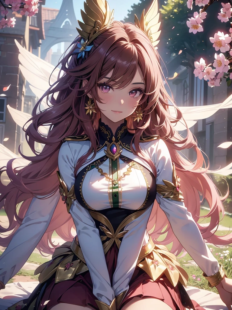 (best quality,4k,8k,highres,masterpiece:1.2),ultra-detailed,(realistic,photorealistic,photo-realistic:1.37),acrylic painting,beautiful Brazilian model in a uniform outfit red and gold with downy hair,beautiful Brazilian model with extremely colorful brown hair and detailed facial features,beautiful Brazilian model standing in a beautiful garden surrounded by a starry sky,pink hair,beautiful Brazilian model wearing a vibrant rose pinkl and gold uniform outfit,beautiful Brazilian model with intricate accessories,cat ears, ,beautiful Brazilian model with long flowing twintails,beautiful Brazilian model with bright brown eyes and rosy lips,beautiful Brazilian model with a joyful expression,beautiful Brazilian model in a dynamic pose with cherry blossoms falling around her,beautiful Brazilian model surrounded by colorful flowers and butterflies,beautiful Brazilian model's school uniform outfit adorned with cute bows and lace details red and gold,beautiful Brazilian model with an enchanting smile,beautiful Brazilian model with soft, pastel-colored shading,beautiful Brazilian model with a magical glow illuminating her,beautiful Brazilian model in a picturesque setting with a winding path leading to a magnificent castle,beautiful Brazilian model with a fairytale-like background,beautiful Brazilian model with a soft, dreamy atmosphere,beautiful Brazilian model with a subtle bokeh effect,beautiful Brazilian model standing under a sunny sky,beautiful Brazilian model with a warm, golden sunset in the background,beautiful Brazilian model surrounded by twinkling stars and colorful nebulae,creating an ethereal and captivating artistic masterpiece, sitting down, facing camera, uniform outfit genshin