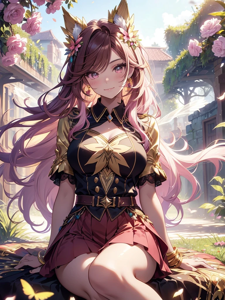 (best quality,4k,8k,highres,masterpiece:1.2),ultra-detailed,(realistic,photorealistic,photo-realistic:1.37),acrylic painting,beautiful Brazilian model in a uniform outfit red and gold with downy hair,beautiful Brazilian model with extremely colorful brown hair and detailed facial features,beautiful Brazilian model standing in a beautiful garden surrounded by a starry sky,pink hair,beautiful Brazilian model wearing a vibrant rose pinkl and gold uniform outfit,beautiful Brazilian model with intricate accessories,cat ears, ,beautiful Brazilian model with long flowing twintails,beautiful Brazilian model with bright brown eyes and rosy lips,beautiful Brazilian model with a joyful expression,beautiful Brazilian model in a dynamic pose with cherry blossoms falling around her,beautiful Brazilian model surrounded by colorful flowers and butterflies,beautiful Brazilian model's school uniform outfit adorned with cute bows and lace details red and gold,beautiful Brazilian model with an enchanting smile,beautiful Brazilian model with soft, pastel-colored shading,beautiful Brazilian model with a magical glow illuminating her,beautiful Brazilian model in a picturesque setting with a winding path leading to a magnificent castle,beautiful Brazilian model with a fairytale-like background,beautiful Brazilian model with a soft, dreamy atmosphere,beautiful Brazilian model with a subtle bokeh effect,beautiful Brazilian model standing under a sunny sky,beautiful Brazilian model with a warm, golden sunset in the background,beautiful Brazilian model surrounded by twinkling stars and colorful nebulae,creating an ethereal and captivating artistic masterpiece, sitting down, facing camera, uniform outfit genshin