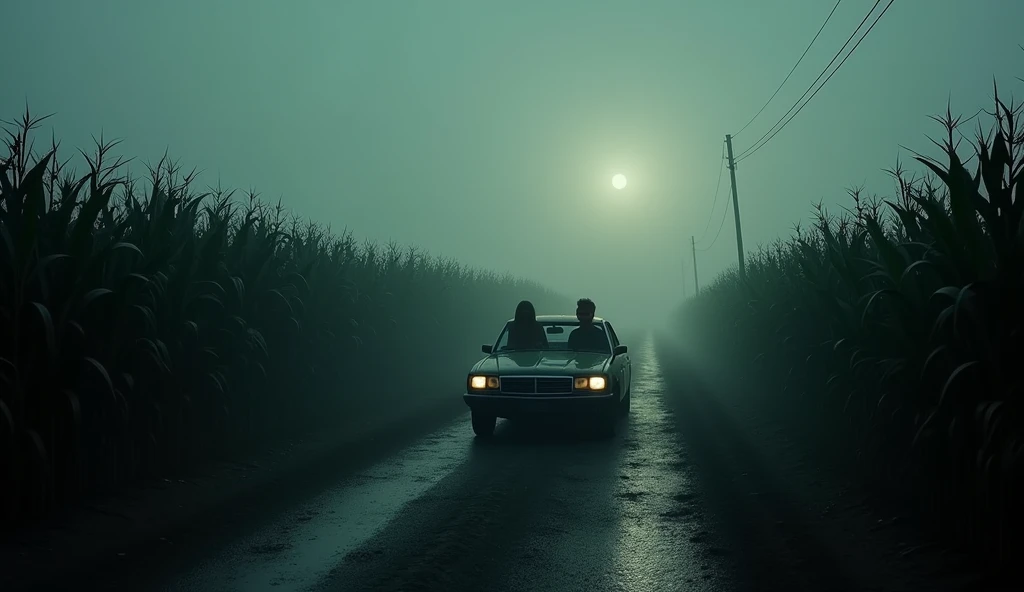 illustration of a dirt road in a cornfield, where mysterious and dark things happen,there is a group of friends passing by in a car,They're too scared, use dark and somber tones, make an image to convey fear, extremely detaild, photoshot_\( ultra\), photoshotrealisitic, realisitic, Post-processing, Maximum details, roughness, real-life, ultrarealisitic, photoshotrealism, photoshotgraphy, 8k hd, photoshotgraphy