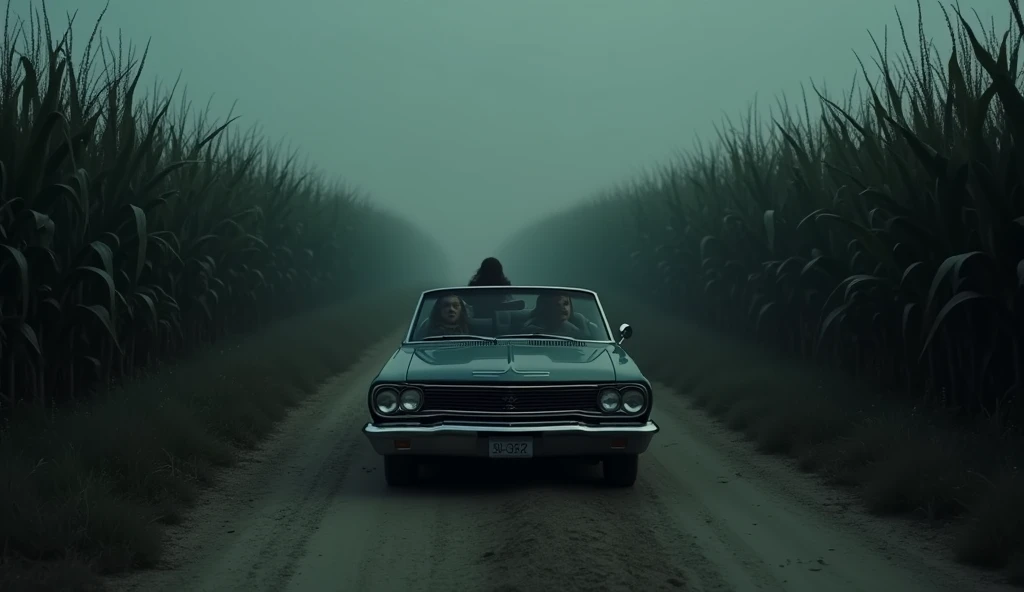 illustration of a dirt road in a cornfield, where mysterious and dark things happen,there is a group of friends passing by in a car,They're too scared, use dark and somber tones, make an image to convey fear, extremely detaild, photoshot_\( ultra\), photoshotrealisitic, realisitic, Post-processing, Maximum details, roughness, real-life, ultrarealisitic, photoshotrealism, photoshotgraphy, 8k hd, photoshotgraphy
