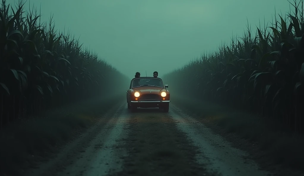 illustration of a dirt road in a cornfield, where mysterious and dark things happen,there is a group of friends passing by in a car,They're too scared, use dark and somber tones, make an image to convey fear, extremely detaild, photoshot_\( ultra\), photoshotrealisitic, realisitic, Post-processing, Maximum details, roughness, real-life, ultrarealisitic, photoshotrealism, photoshotgraphy, 8k hd, photoshotgraphy