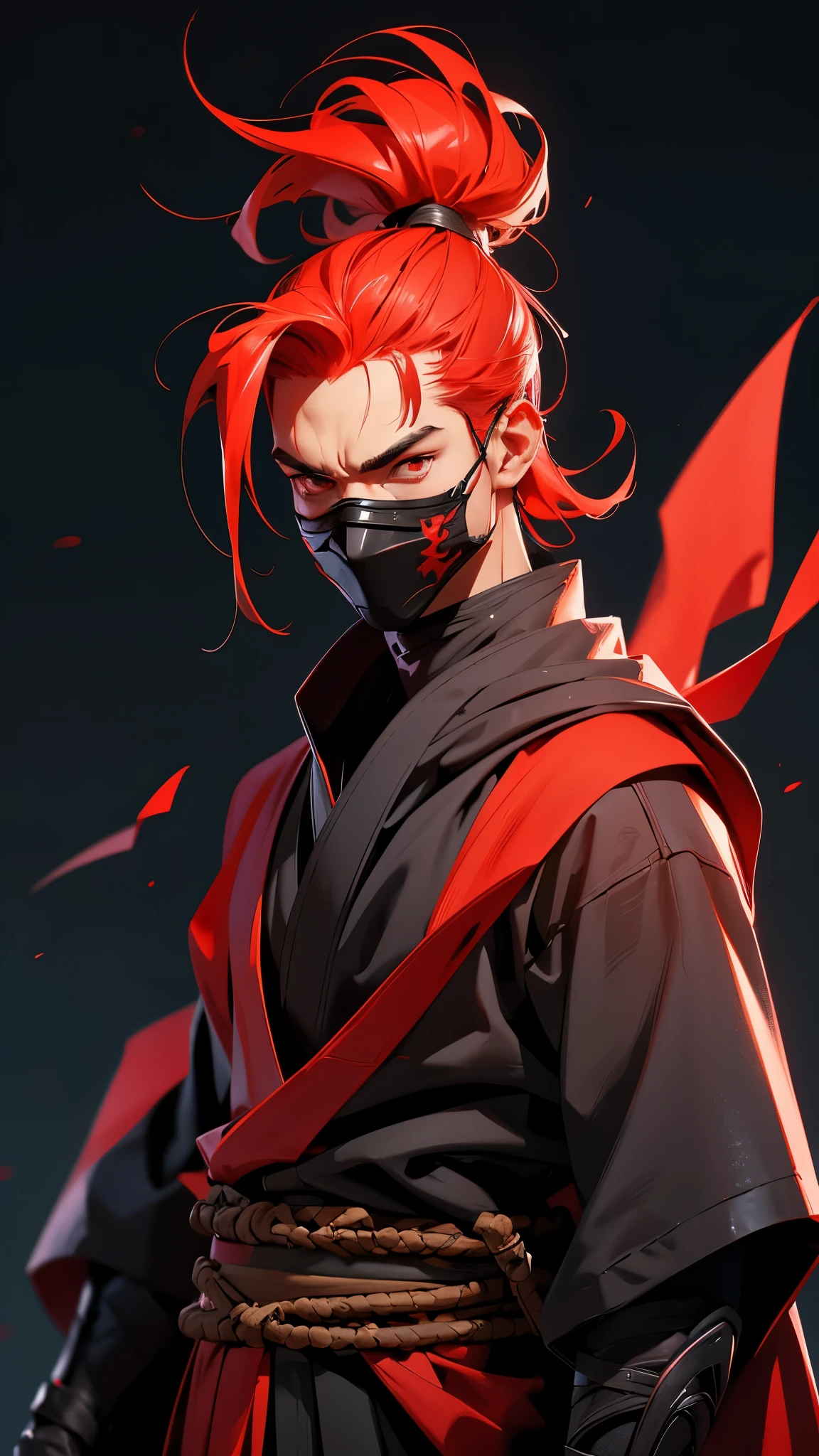 envision a 8k, highres, semi realistic cinematic full body concept design sheet of a soft ninja man with a slender muscular body, clean shaved, sleek red hair, and red eyes, ninja robes, ninja armor, mortal kombat ninja mask, half face mask, against a dark gray background