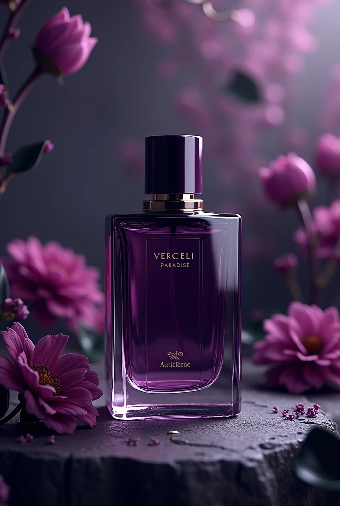 Perfume with the name VERCCELI PARADISE elegant and modern with purple and black color palette
