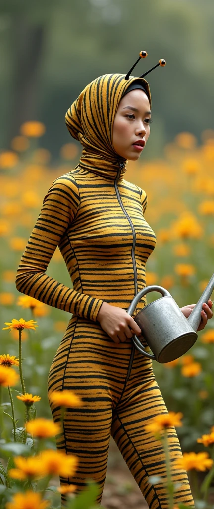 The most beautiful,thin,most pretty and clever Malaysian muslimah adult girl wears bee lycra turtleneck unitard catsuit covered with bee stripes with a pair of wings.She always wear bee lycra dancewear stretchy hijab covered with many stripes with a pair of long antennae.She waters a flowers with a watering can.