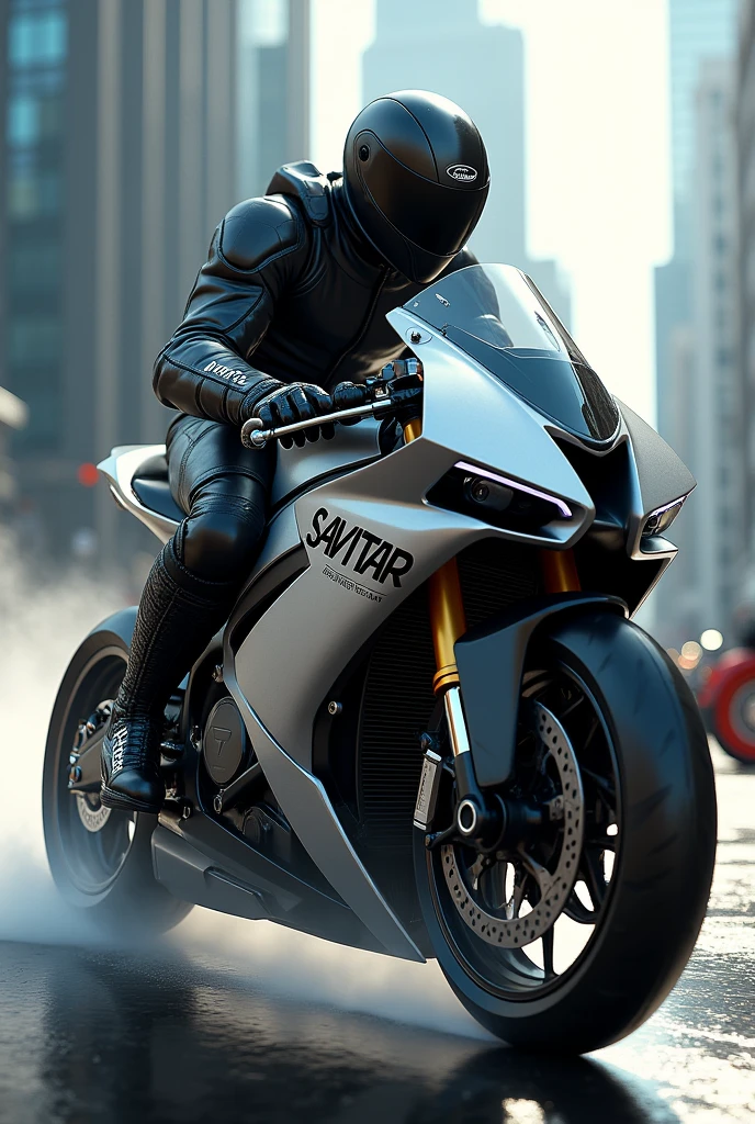 A man on a motorbike wearing racing boots written Savitar on it
