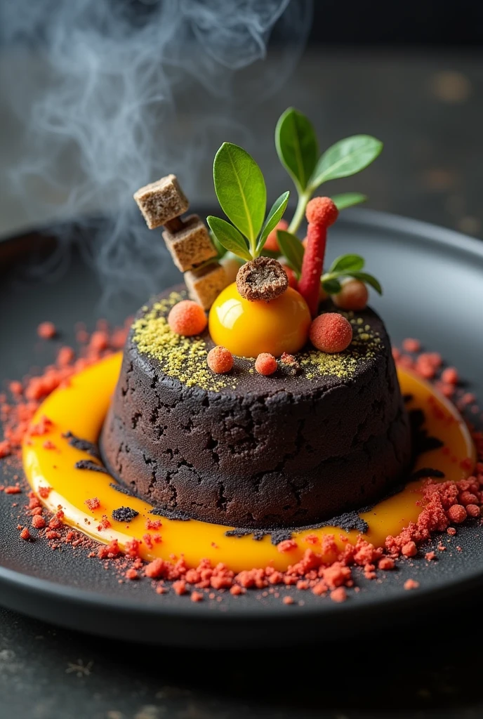 you can create a platter that is The dessert is designed to evoke a post-apocalyptic experience. In the middle, The dark chocolate brownie symbolizes the core of a devastated landscape, Covered with roasted lemon powder that mimics ashes and provides a crunchy texture. around, A caramel praline with notes of orange and spices, decorated with quipitos, creates a visual explosion effect and a crunchy texture. Mango and passion fruit coulis, in orange and yellow drops, Simulates flowing lava with vibrant contrast.
Edible charcoal, spread around the brownie, represents destruction with its deep black color. Edible powders in neon colors (red, yellow and orange) add bright and contrasting details. Dry ice provides an enveloping smoke effect, intensifying the dramatic atmosphere. Finally, edible plants, like mache leaves and watercress, They symbolize the resilience of life in desolate environments, evoking the flora that persists in areas affected by nuclear disasters such as Chernobyl. Put this in and see what it throws at you