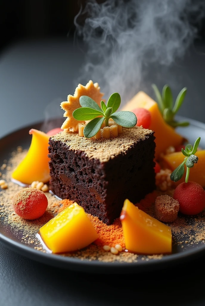  you can create a platter that is The dessert is designed to evoke a post-apocalyptic experience. In the middle, The dark chocolate brownie symbolizes the core of a devastated landscape, Covered with roasted lemon powder that mimics ashes and provides a crunchy texture. around, A caramel praline with notes of orange and spices, decorated with quipitos, creates a visual explosion effect and a crunchy texture. Mango and passion fruit coulis, in orange and yellow drops, Simulates flowing lava with vibrant contrast.

Edible charcoal, spread around the brownie, represents destruction with its deep black color. Edible powders in neon colors (red, yellow and orange) add bright and contrasting details. Dry ice provides an enveloping smoke effect, intensifying the dramatic atmosphere. Finally, edible plants, like mache leaves and watercress, They symbolize the resilience of life in desolate environments, evoking the flora that persists in areas affected by nuclear disasters such as Chernobyl. Put this in and see what it throws at you