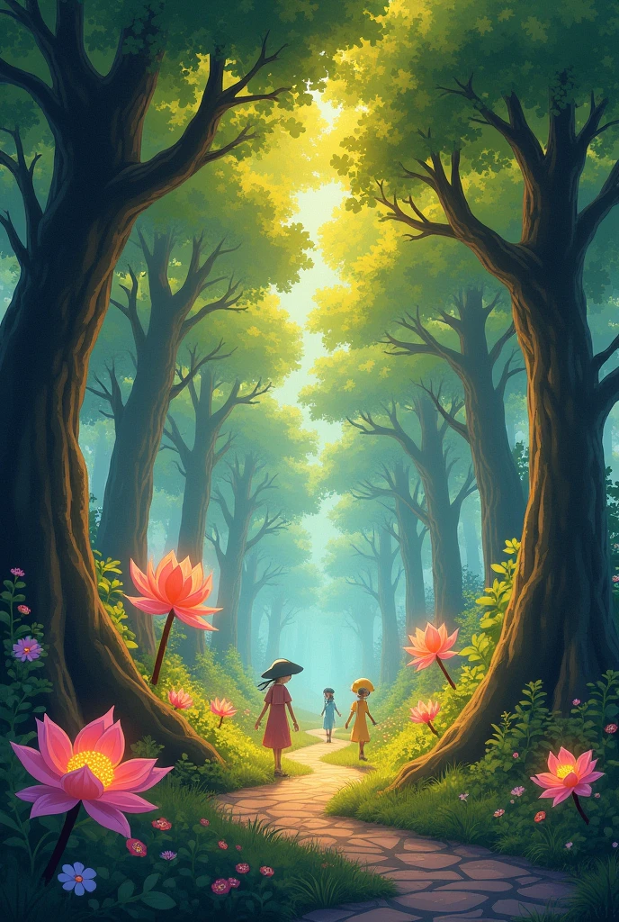 **Bright Forests:** Trees with leaves emitting a soft golden light, creating an ethereal and enchanted atmosphere. anime style