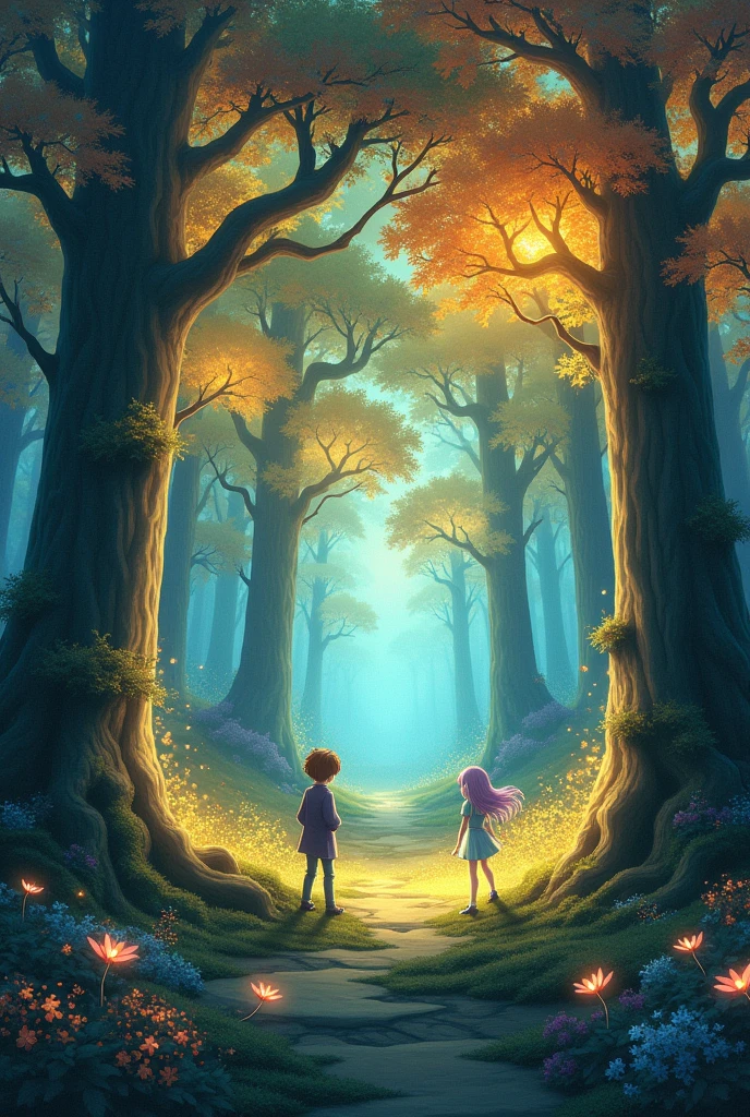 **Bright Forests:** Trees with leaves emitting a soft golden light, creating an ethereal and enchanted atmosphere. anime style