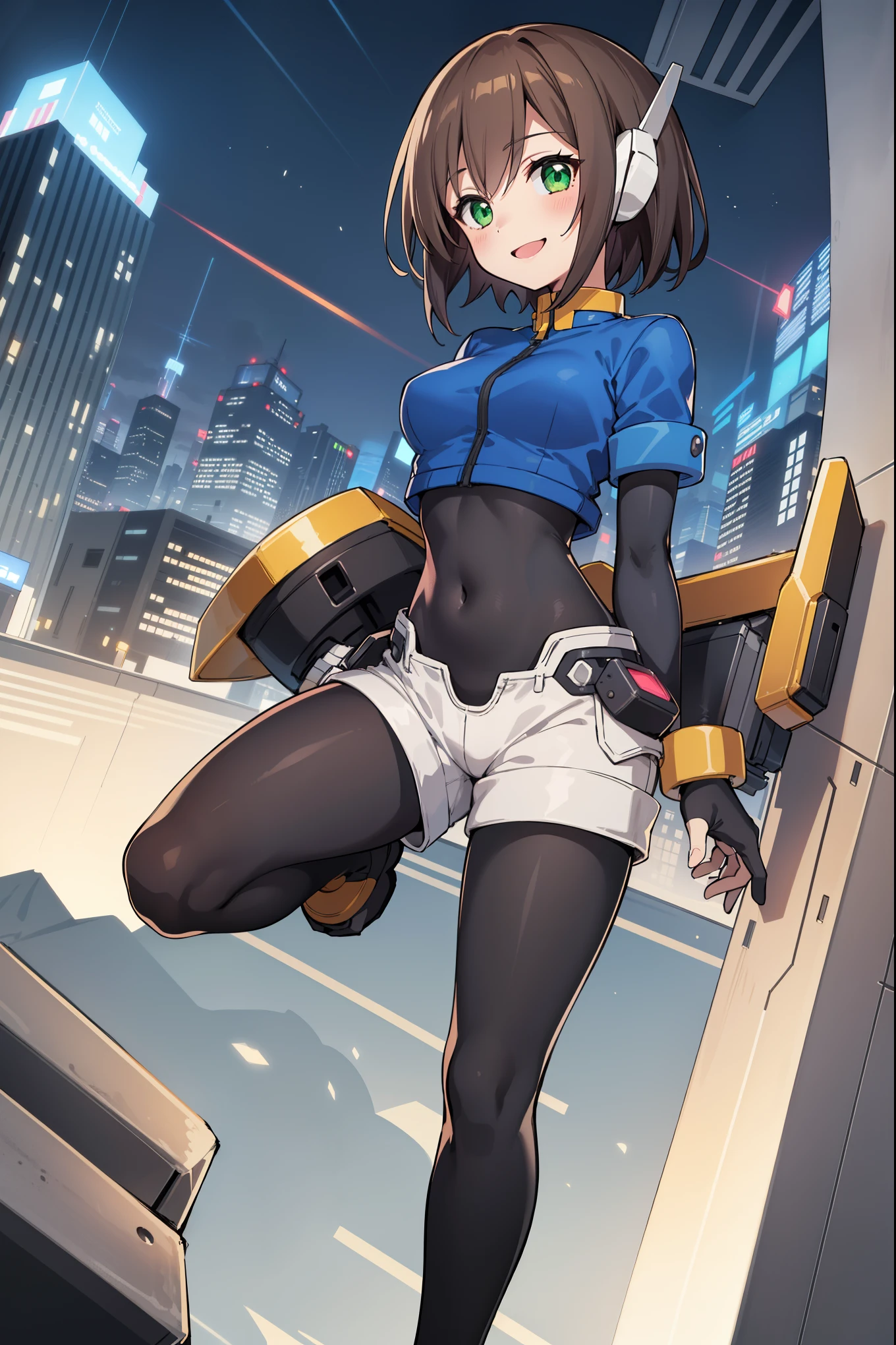 aile_megamanzx,  , 1girl, solo, short hair, brown hair, short sleeves, (bodysuit), robot ears, green eyes, short_shorts, short sleeves, short over long sleeves, smile, in futuristic city, , high quality, medium_breasts,crotch, slouch