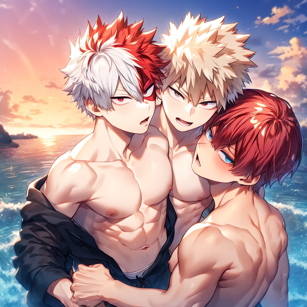 absurdres, highres, ultra detailed, HDR, master piece, best quality, extremely detailed, Todoroki Shouto, bicolor hair, right side white hair, left side red hair, expressive blue eyes, Boku No Hero Academia, Bakugo Katsuki, ash-blonde hair, expressive red eyes, two sexy men together, yaoi, gay couple, handsome, manly man, bare chest, without shirt, island, sea, beach