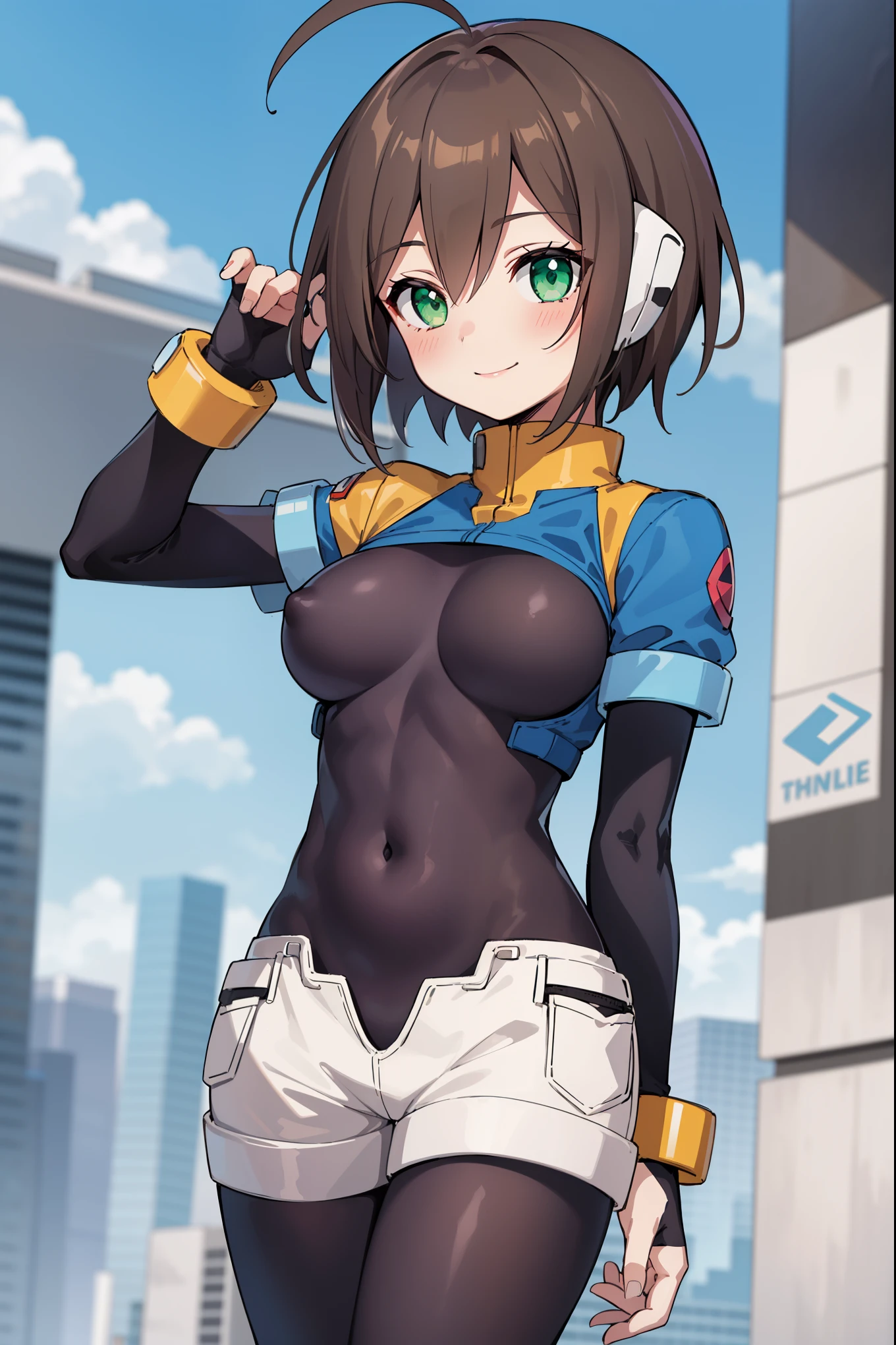 aile_megamanzx, , 1girl, solo, short hair, brown hair, short sleeves, (bodysuit), robot ears, green eyes, short_shorts, short sleeves, short over long sleeves, smile, in futuristic city, , high quality, medium_breasts,crotch, slouch