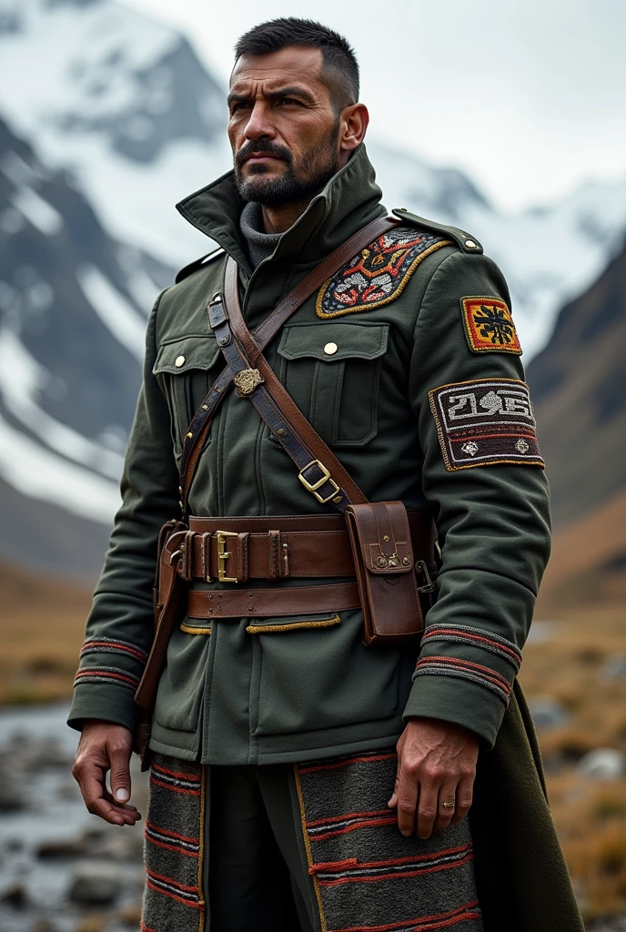 A fictional Mapuche military uniform with characteristics of a German WW2 military uniform, that it has more Mapuche characteristics