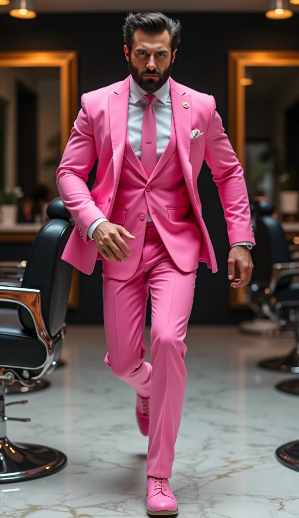 Wolverine in a suit and tie of pink color, elegant, in a 5 star barber salon, jumping or running. Picture farthest from the camera with as much detail and high definition as possible, HD, Realistic. Black color shaded screen background with white.