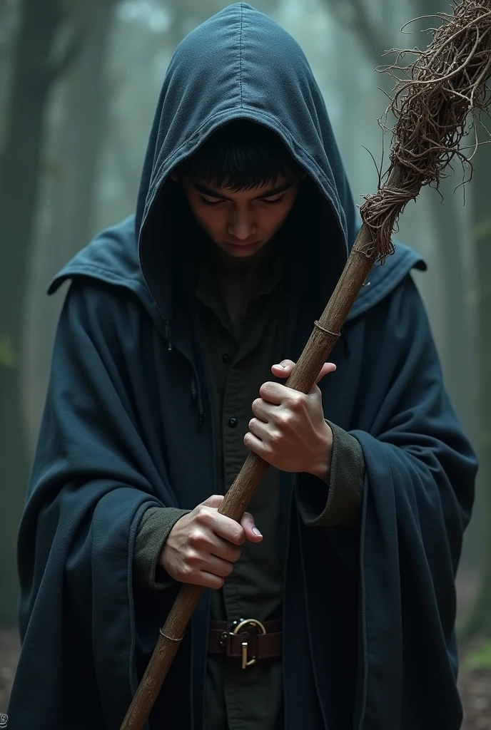 (photorealism:1.2), A young magician with black skin head down with a hood and a stick in his hands