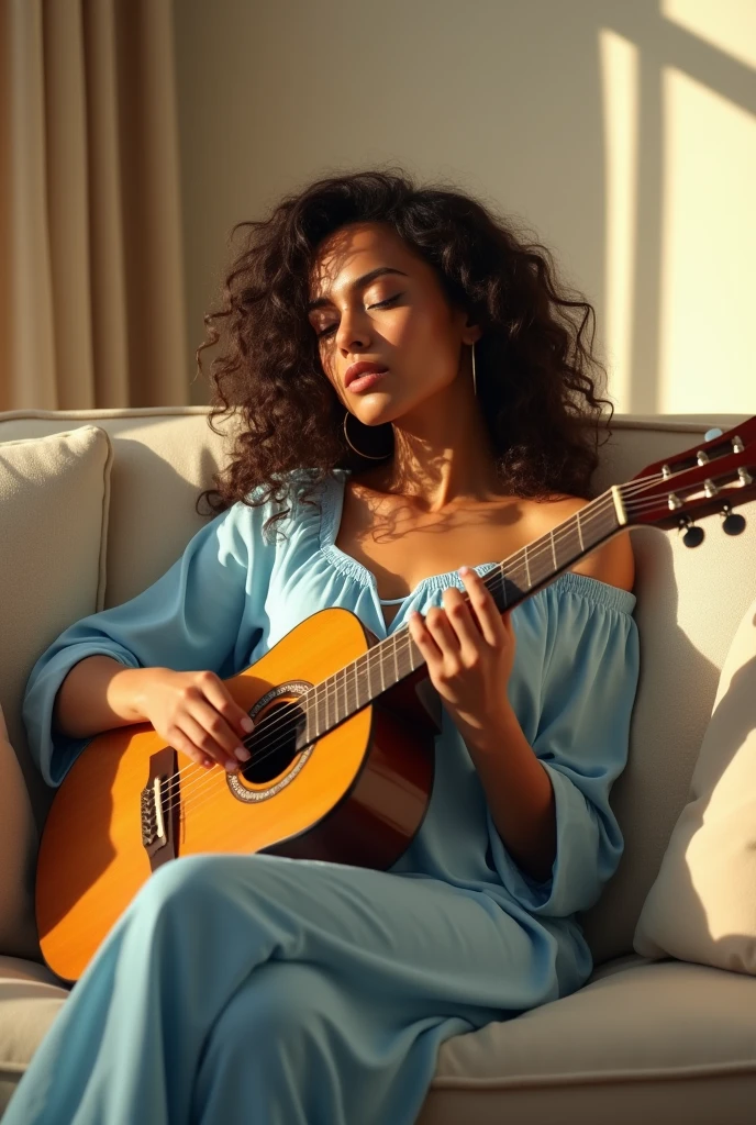 (photorealism: 1.2), beautiful woman, on the sofa in the cream-colored living room, wearing a loose baby blue off-the-shoulder blouse, pajama pants, araffe woman with curly hair, The face is partially hidden, tanned ameera al taweel, imaan hammam, beautiful Latin face, beautiful beautiful woman, she has dark brown skin, beautiful woman, flawless dark skin, beautiful Mexican woman, the most beautiful woman in the world, beautiful tanned Mexican woman, jaw-dropping beauty, Photoshop image quality, sitting on sofa comfortably, soft lighting, environment with natural sunlight, cozy room, The person is holding a guitar in a relaxed way, as if he was about to play or in the middle of a performance, with his eyes closed, playing the guitar (seizi brand) coffee color , realistic, intricate details, warm colors, by Greg Rutkowski, by Alphonse Mucha