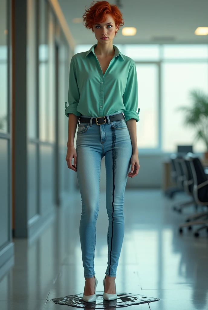 tall thin attractive European woman standing in office, (((light blue skinny jeans))), (mint green blouse), black belt, (white high heels), (((bright lighting))), (((show heels))),  (short curly red hair), blue eyes,  inviting smile, carnal, peeing her jeans, jeans wet with pee down the legs, pee, peeing, self wetting, wetting self, shoes wet with pee, shoes filled with pee, standing in puddle of pee, thighs wet with pee, (shins wet with pee), ((jeans are shiny wet with pee)), jeans legs wet with pee, front pockets wet with pee, (pee following folds on front of jeans), ((jeans legs really soaked in pee)), pee spreading down legs, pee spreading on shins, ((pee stains are dark blue)), ((jeans soaked in piss below the knee))