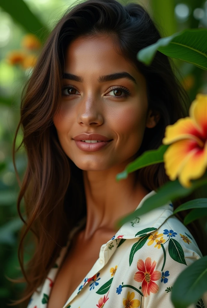 A Brazilian woman in a lush tropical garden, wearing an open shirt with a floral print, with a close-up capturing the harmonious beauty between her breasts and the natural flowers, showing off your natural charm and outgoing personality.
