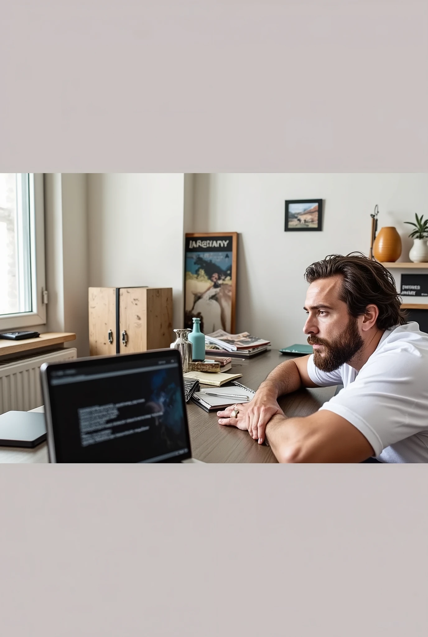 A bearded man、Man in white shirt leaning on desk,A notebook on the table, Tom Hardy, Tom Hardy as henry dorsett case, Sloppy, Profile picture, Handsome man, Sloppy的男人, Written by James Morrison, Wearing white T-shirt, inspired Written by James Morrison, Chris Pratt, intense smoldering, Beautiful people, Masculine and rugged
