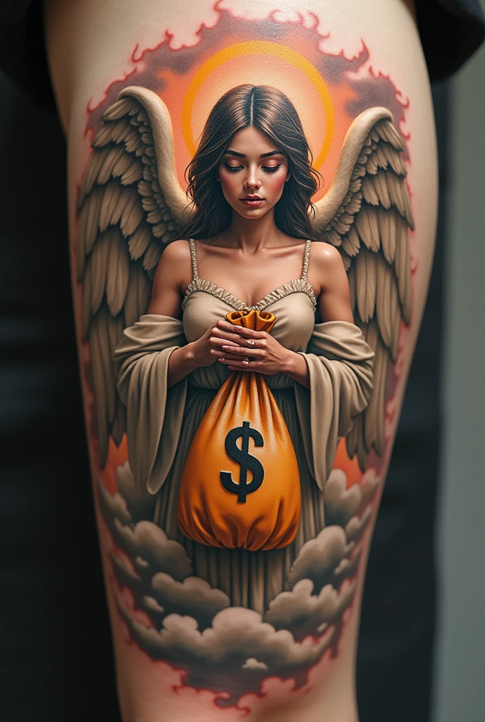 Tattoo of an angel holding a bag of money