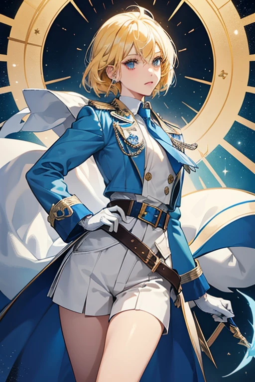 yellow hair. her outfit consists of a blue jacket with lapels and rolled up sleeves worn over a white hoodie with blue details and a yellow necktie decorated with white details and pinned at the top with a blue gem. Over this, she wears a large belt-like garment crossing over her torso along with a small brown buckled book bag decorated with a blue and yellow plume. sHe wears a pair of cuffed white shorts with silver details, thick gray socks, oversized brown boots with spurs, and navy gloves with silver plating. her outfit is adorned with pins and other silver details, such as a large shield-like ornament on the right side of her chest with a blue feather attached to it. Two long pieces of fabric dangle from behind her jacket, decorated at the end with silver ornaments. Her Cryo Vision is attached to a plate on her right glove.
Glowing Ornaments
While wearing Soaring Beacon, when Mika's Elemental Burst is ready, the small, light blue, diamond-shaped gem at the top of her tie will glow along with her Vision. SPARKLE; GLITTER