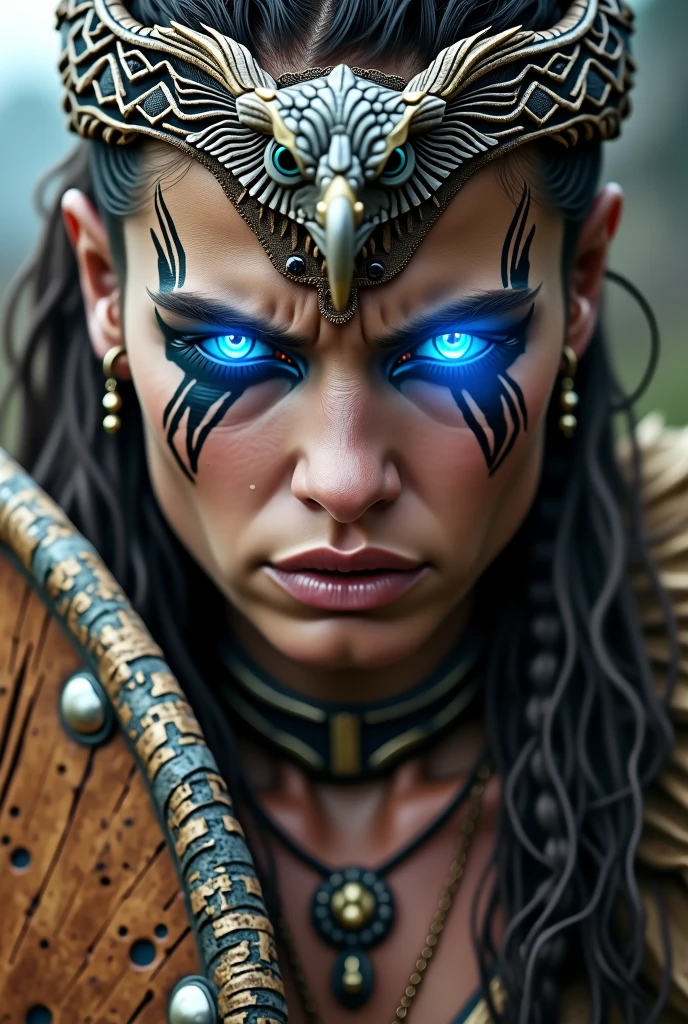 Close up face beautiful viking woman, wooden shield in hand , strong blue light in the eyes, eagle crown , tribal design on the eyes, Angry, bone ornaments on the neck, leather armor, focused