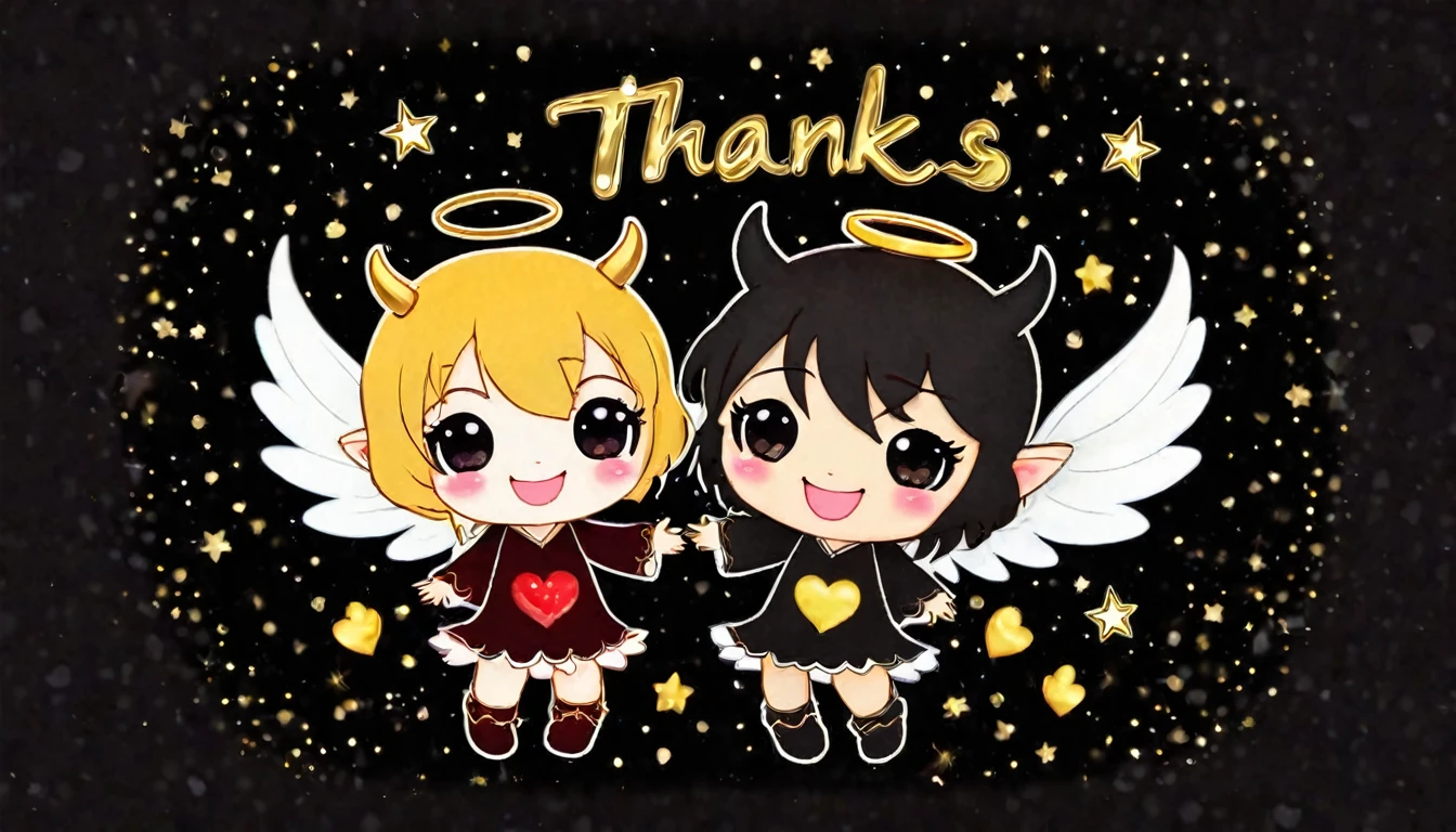 chibi, kawaii, cute, a devil with a wicked smile and an angel with a kind smile, with the word "Thanks" written between them, background black construction paper, golden hearts and shooting stars scattered all over