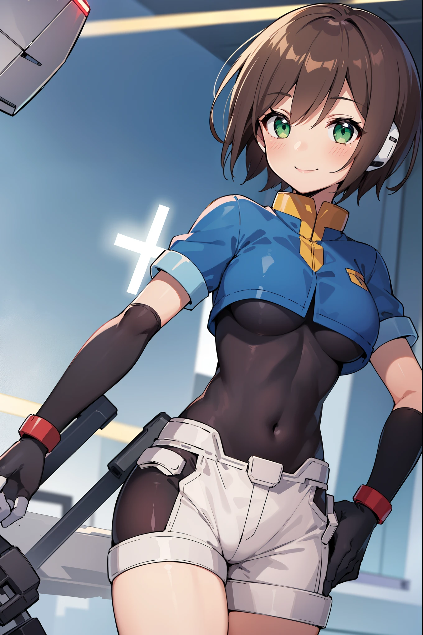 aile_megamanzx, , 1girl, solo, short hair, brown hair, short sleeves, (bodysuit), robot ears, green eyes, short_shorts, short sleeves, short over long sleeves, smile, in futuristic city, , high quality, medium_breasts,crotch, slouch