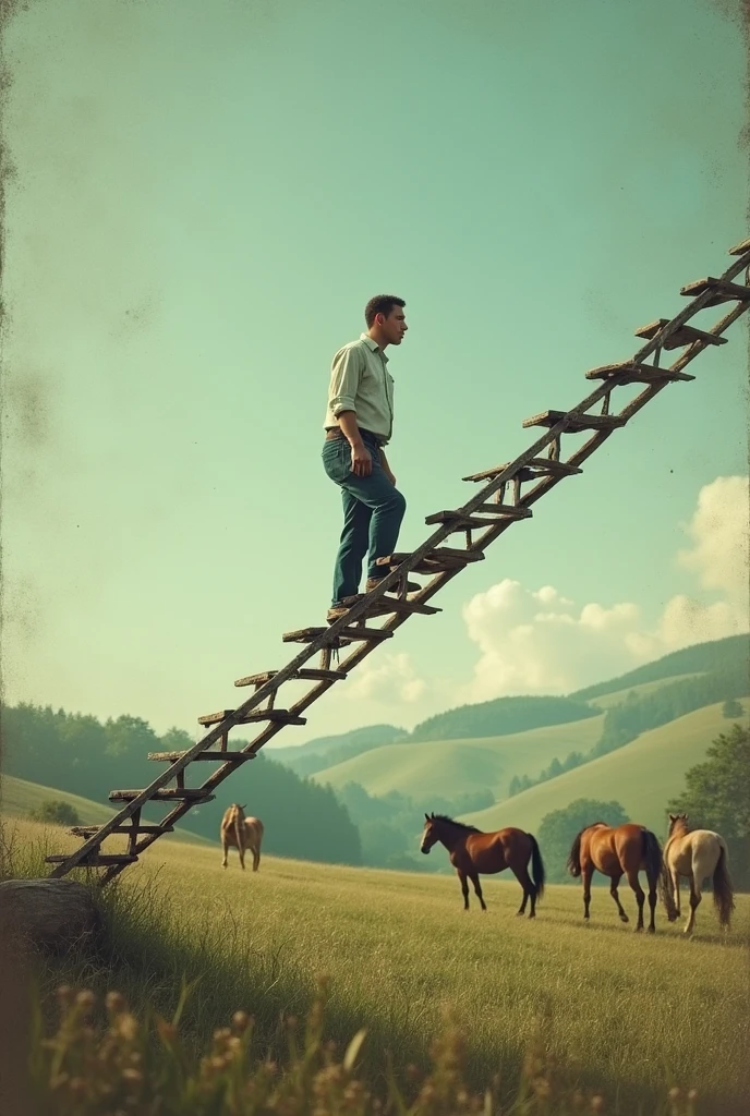 a man walking on the ladder with horses picture for wallpaper