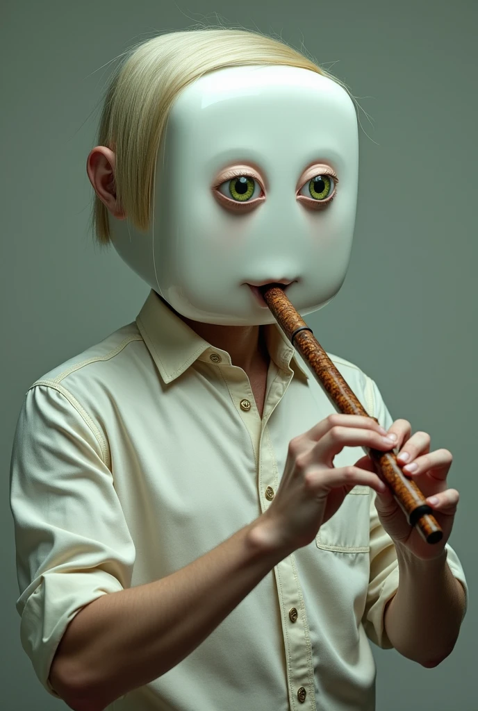 white man with green eyes and straight, light hair with a square head that looks like a refrigerator playing the flute