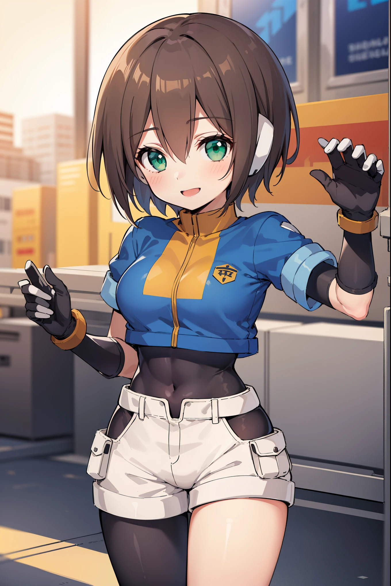 aile_megamanzx, , 1girl, solo, short hair, brown hair, short sleeves, (bodysuit), robot ears, green eyes, short_shorts, short sleeves, short over long sleeves, smile, in futuristic city, , high quality, medium_breasts,crotch, slouch
