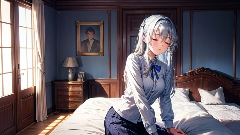 In a room in a Western-style mansion on a hill in a foreign country,1 girl, alone, Female college student,Akane,Blue and silver hair, I close my eyes because I'm blind,White shirt, sweater, ((Anime Style))、((2D))、(((ponytail)))、,