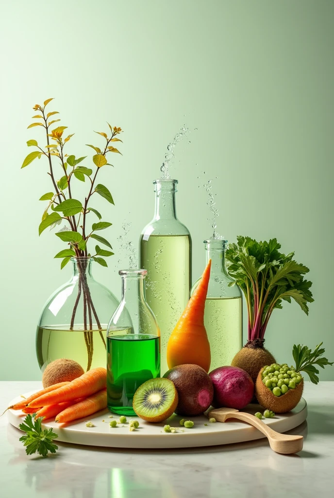 ALL THESE MATERIALS IN A SINGLE IMAGE Carrot, pitahaya, kiwi, beet -Transparent glycerin -Alcohol -Essential oil -Green food coloring -Molds -Container -Spatula -Pot