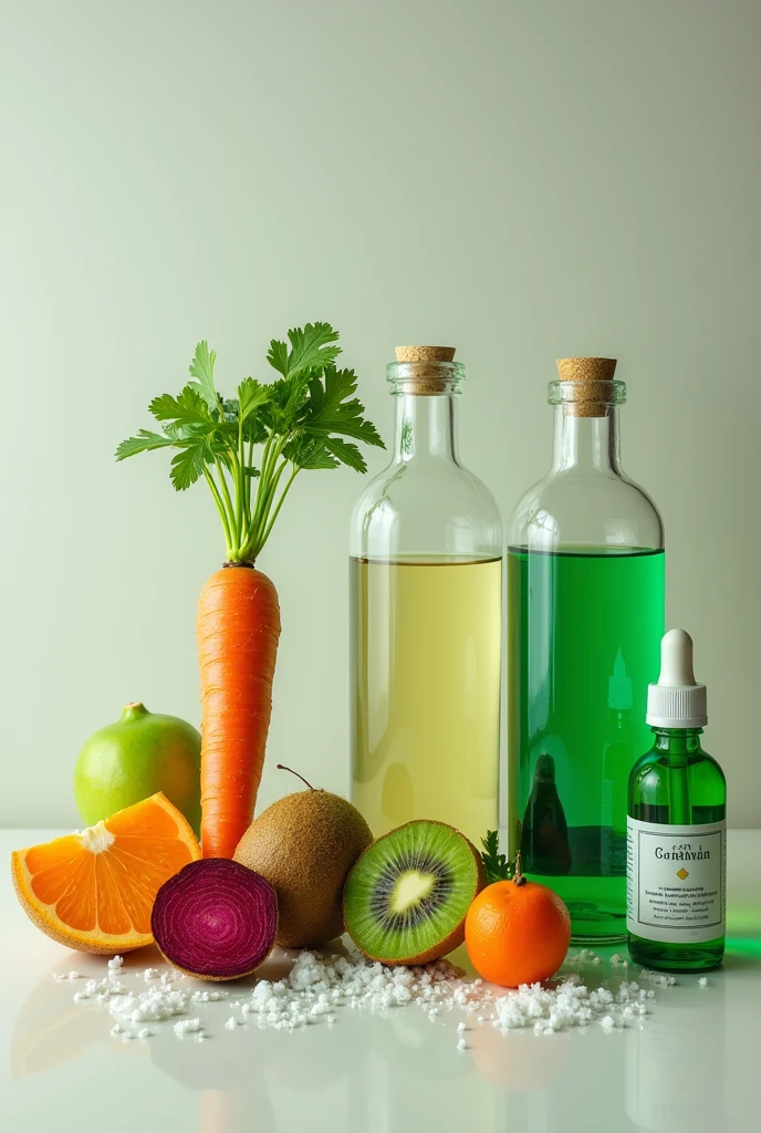 ALL THESE MATERIALS IN A SINGLE IMAGE Carrot, pitahaya, kiwi, beet -Transparent glycerin -Alcohol -Essential oil -Green food coloring -Molds -Container -Spatula -Pot