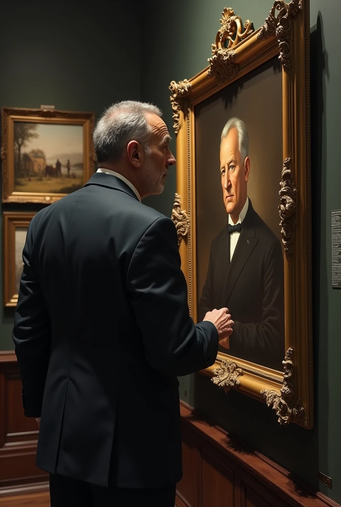 Creates a middle-aged man with the appearance of a detective studying a painting