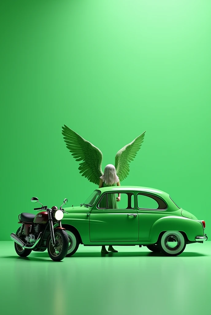 An image with a quartz green background, who owns a green car and a green motorcycle and who makes reference to vehicle maintenance. you have to have a green angel.