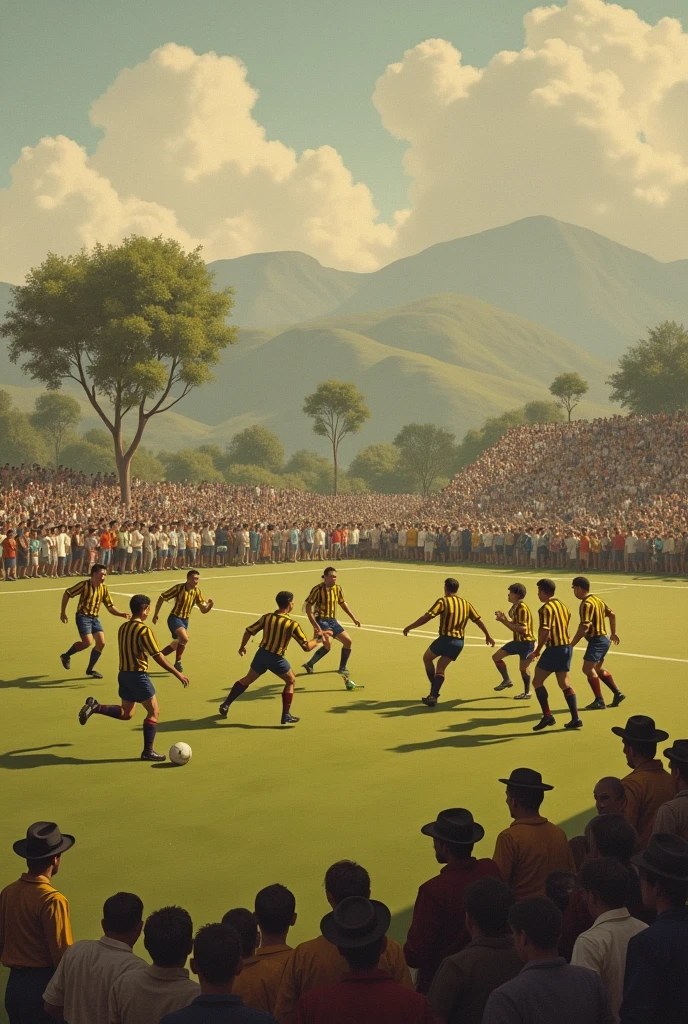 Football match on a field surrounded by people and a few trees in the late 1800s in Chile, between a team of English gentlemen in yellow and black shirts versus a team of fishermen and young Chileans