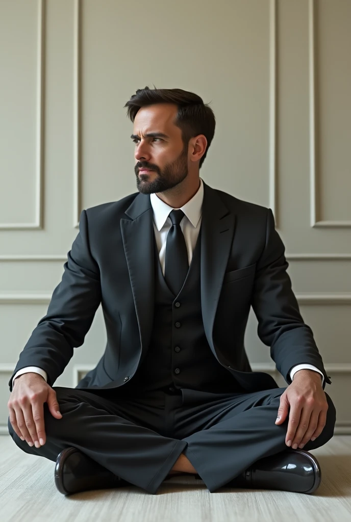 but with his suit and sitting on the floor