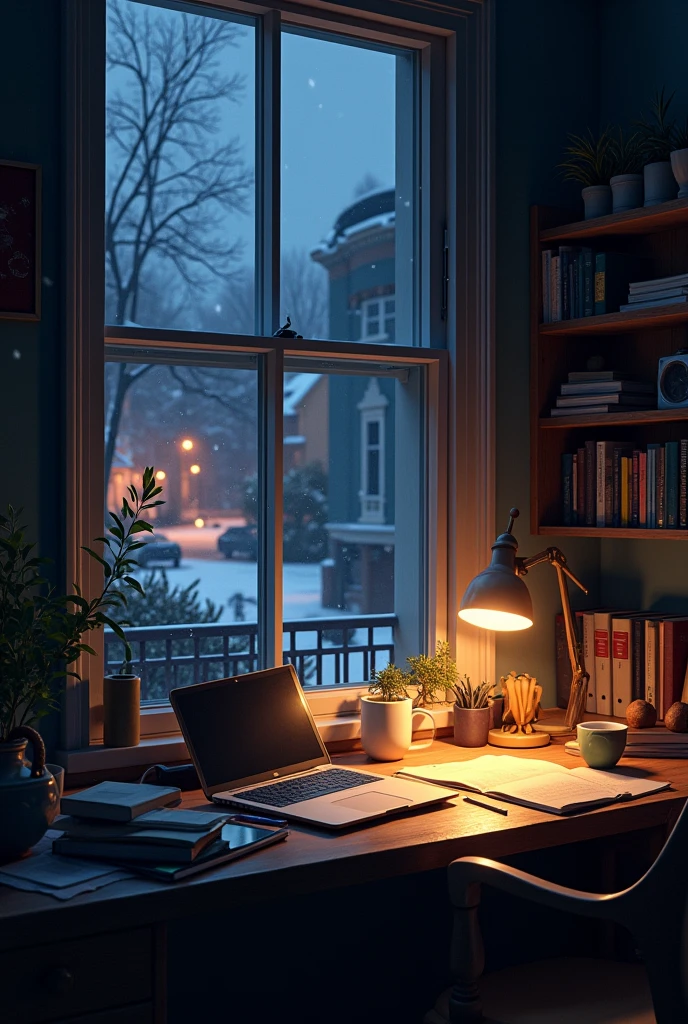 A room with little light, uma mesa, with books, notebooks pens, computer, a glass of milk and coffee, and on the table is next to a window with a beautiful view of a beautiful neighborhood at night snowing.