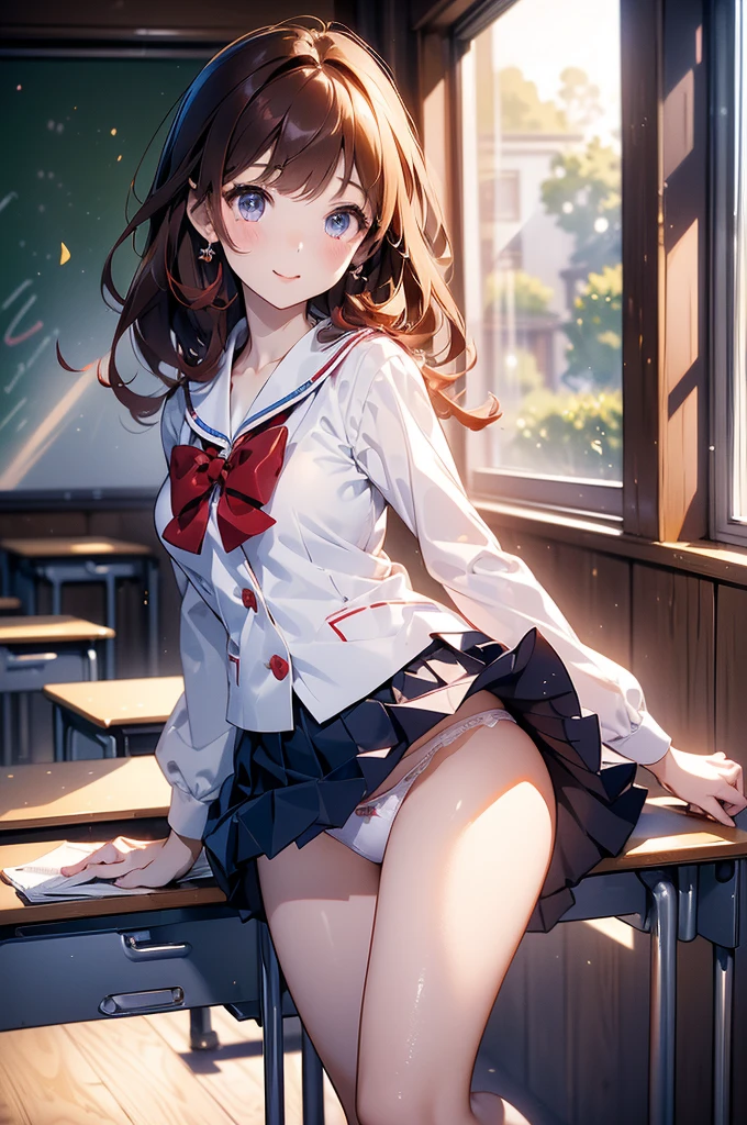 (masterpiece、Best image quality、High Quality Score:1.3)、(Crisp image quality)、Perfect beauty: 1.5、Brown haired、(Japanese School Uniform)、Sailor suit、(Fluttering skirt)、Red hair ornament、Beautiful girl、cute、The best smile、(No background)、(Pure white background)、(Physical Education Classroom Lessons)、Fancy white panties、Perfect Proportions,One Woman、、Dark blue pleated skirt、