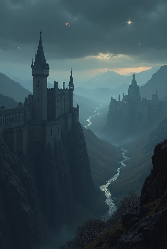 A view from above, Grey sky, stars, medieval castles below