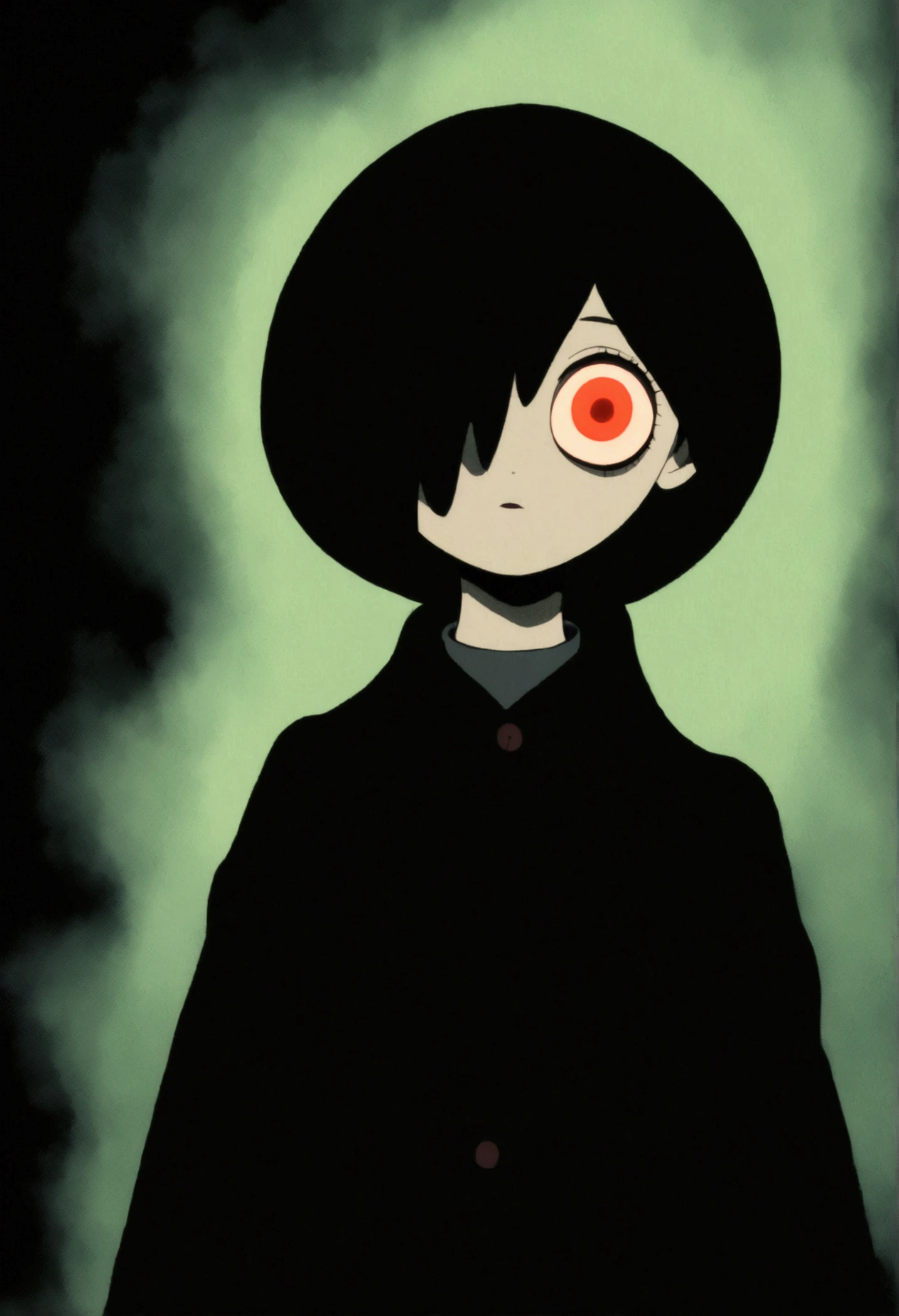 painting of a person standing in front of a red eye, yume nikki, animated film still, still from animated horror movie, inspired by Junji Ito, animation film still, one eye red, red-eyes, visible pupils, inspired by Gertrude Abercrombie, junji ito artwork, eerie and grim art style, red eyes wide open, animation still