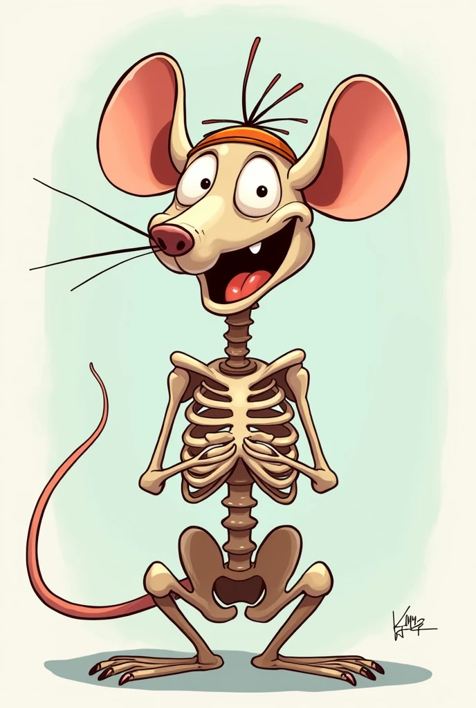 You can create an image from the waist to the head of a rat skeleton that has ears and a band on its forehead and that is opening its mouth laughing, the image must be cartoonish