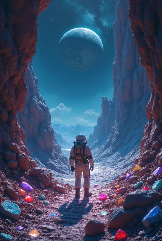 Help me upgrade to a picture. The theme is an astronaut exploring different planets.,A person works hard to explore a different mine. The sky is the night sky. The ground is surrounded by colorful gems and crystals. It is full of exploration. The unknown field continues to move forward. In the distance is the vast universe, joining the curved road.
