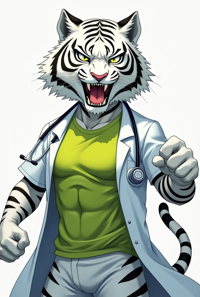 White tiger doctor with lime green shirt and white coat Could you make it more anime-like?, Please? Now, could you do it with a slightly more aggressive face?, Bit, and with a style more similar to the Olympic Games mascot
