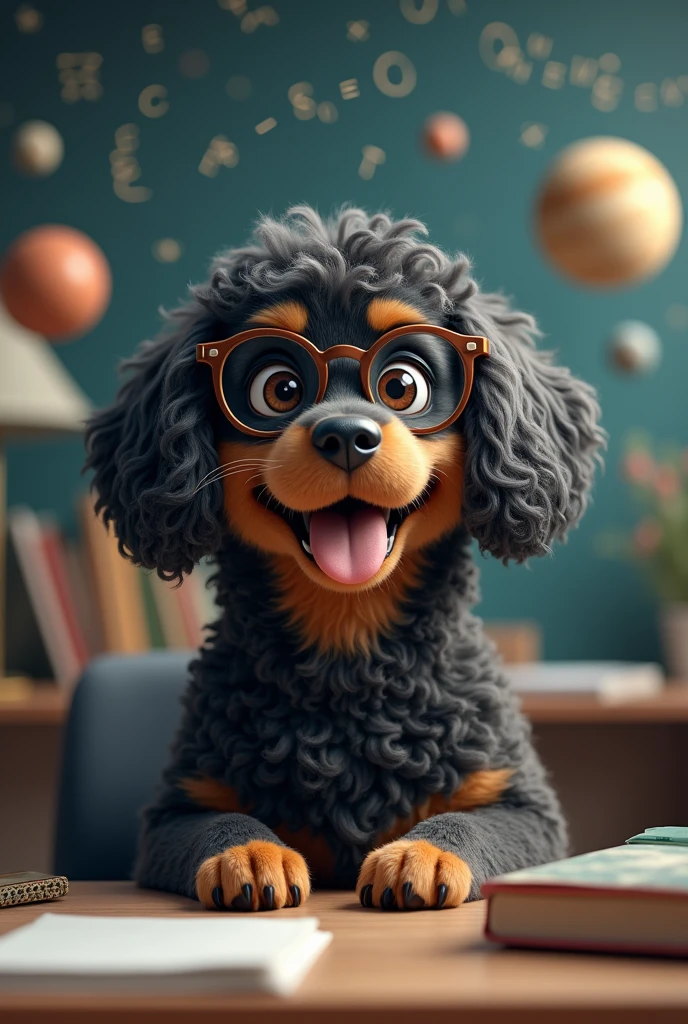 Create realistic high-definition image of a dog using glasses, dark curly hair,
Light brown eyes, extremely happy in office with math equations, clouds, Several planets around.