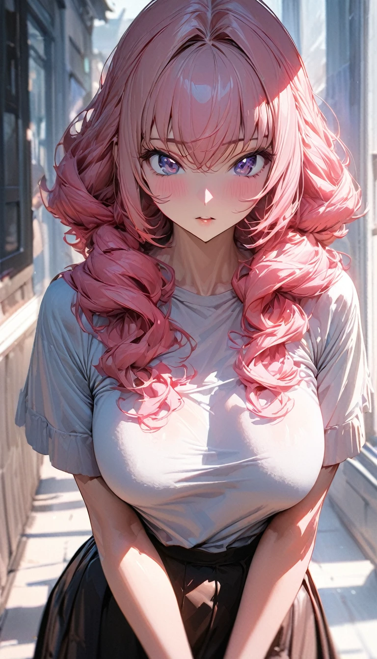 One person, adult, woman, Ultra-high resolution, 超detailed, Highest quality, 8k,((Highest quality)), ((masterpiece)), (detailed)，Face direction(front)，Hair Color(Bright pink，delicate hair texture), Hairstyle(Soft and fluffy,Shortcuts ), background(outside，morning)，eye(きれいなeye元), clothing(Short sleeve,skirt)，expression(Exquisite features depicting a perfect face)，Body Type(model，Naturally beautiful, Beautiful breasts)，Perfect hands，完璧なwoman像, Dramatic Shadows，Sexy pose，Anime characters, Code Geass,posture(cute)，professional