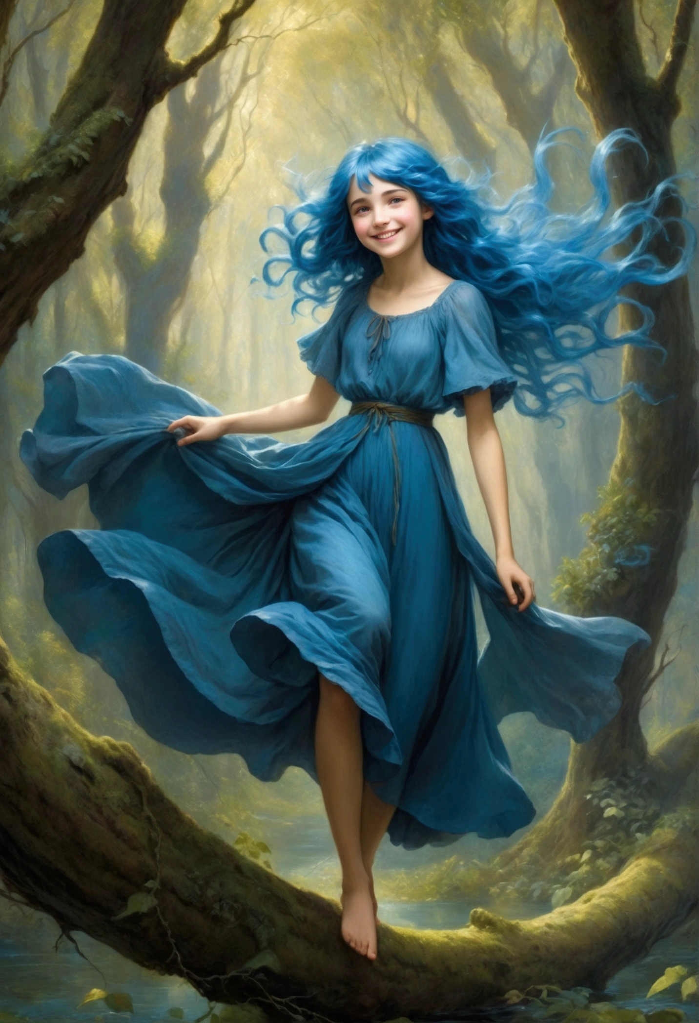 Girl, teenager, floats in a forest, blue hair flowing, clothes as if out of a fairy tale, wide smile and sincere face radiant with joy. Gustave Dore inspiration. High quality, perfect outlook,